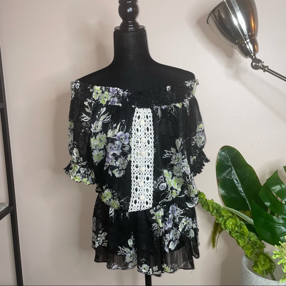 XOXO Women's Floral Empire Waist Eyelet Crochet Pleated Sheer Off Shoulder Top